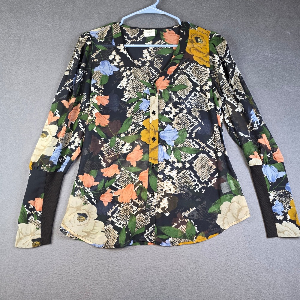Cabi Blouse Womens Medium Black Snake Print Floral Long Sleeve V-Neck Sheer Top